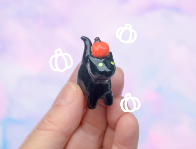 Halloween Pumpkin Cat Figurine Spooky Black Kitty Desk Decor - image 1