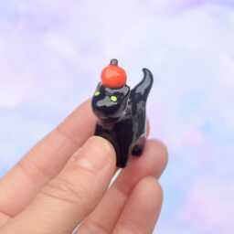 Halloween Pumpkin Cat Figurine Spooky Black Kitty Desk Decor - thumbnail 2