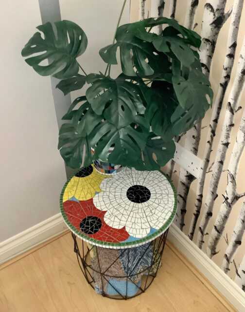 Handcrafted Flower Mosaic Table With Storage Basket - Vibrant & Functional Home Decor - image 1