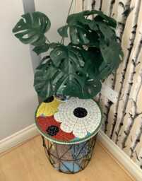 Handcrafted Flower Mosaic Table With Storage Basket - Vibrant & Functional Home Decor
