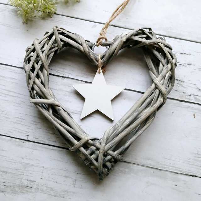 Medium Willow Wicker Open Heart Hanging Decoration With Wooden Star - The Home & Hearts Shop Rustic Wall Shabby Wedding - image 1