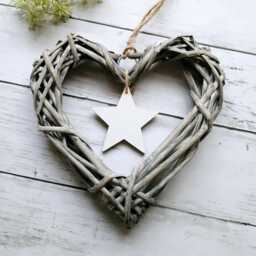 Medium Willow Wicker Open Heart Hanging Decoration With Wooden Star - The Home & Hearts Shop Rustic Wall Shabby Wedding - thumbnail 1