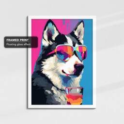 Vibrant Husky Drinking With Glasses Dog Painting Framed Poster Print & Canvas Wall Decor Art Bedroom Home Interior Gift For Lover - thumbnail 3