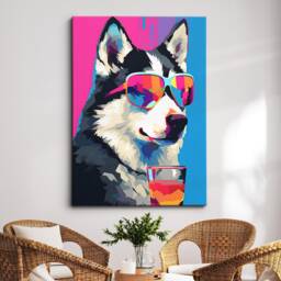 Vibrant Husky Drinking With Glasses Dog Painting Framed Poster Print & Canvas Wall Decor Art Bedroom Home Interior Gift For Lover - thumbnail 1