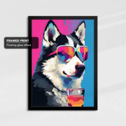 Vibrant Husky Drinking With Glasses Dog Painting Framed Poster Print & Canvas Wall Decor Art Bedroom Home Interior Gift For Lover - thumbnail 2