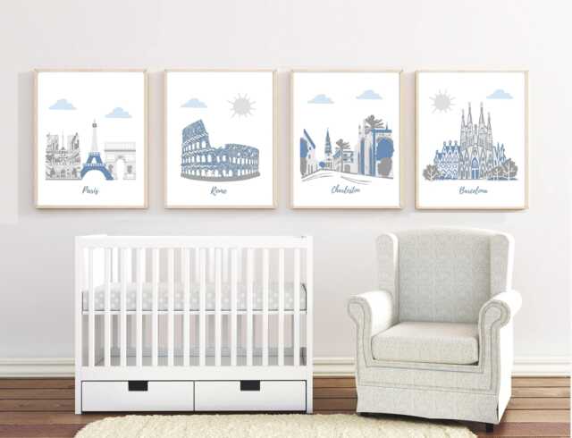 Nursery Wall Art, Travel Theme Nursery, Blue, Gray, Rome, Paris, Barcelona, Charleston - image 1