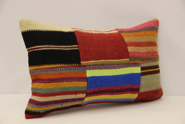 Vintage Turkish Kilim Lumbar Pillow, Patchwork Wool Cushion Cover - 12x20 In - image 1