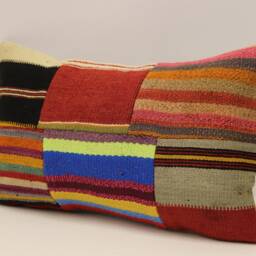 Vintage Turkish Kilim Lumbar Pillow, Patchwork Wool Cushion Cover - 12x20 In - thumbnail 3