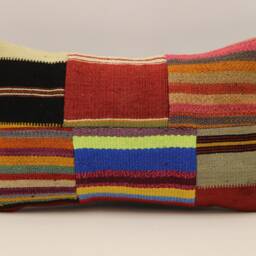 Vintage Turkish Kilim Lumbar Pillow, Patchwork Wool Cushion Cover - 12x20 In - thumbnail 2