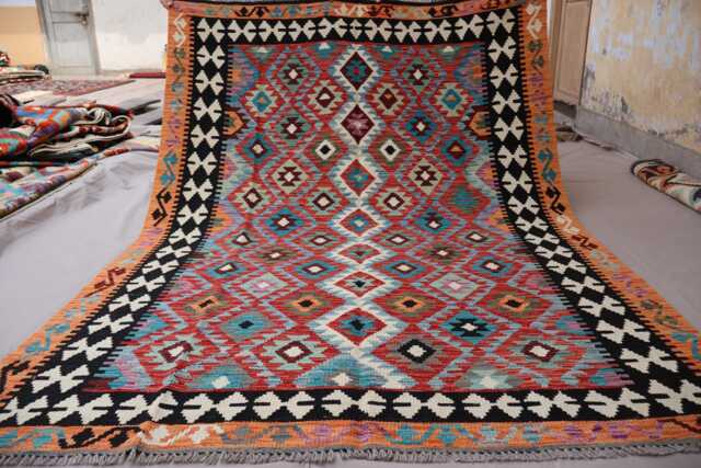 6x8 Afghan Rug, Handmade Natural Vegetable Dyes Wool Red Orange Black Blue, Turkmen Flatweave Kilim Modern Area Bedroom Rug - image 1