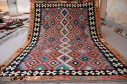 6x8 Afghan Rug, Handmade Natural Vegetable Dyes Wool Red Orange Black Blue, Turkmen Flatweave Kilim Modern Area Bedroom Rug - thumbnail 1