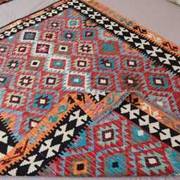 6x8 Afghan Rug, Handmade Natural Vegetable Dyes Wool Red Orange Black Blue, Turkmen Flatweave Kilim Modern Area Bedroom Rug - thumbnail 4