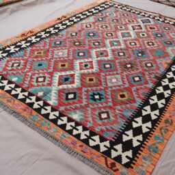 6x8 Afghan Rug, Handmade Natural Vegetable Dyes Wool Red Orange Black Blue, Turkmen Flatweave Kilim Modern Area Bedroom Rug - thumbnail 2