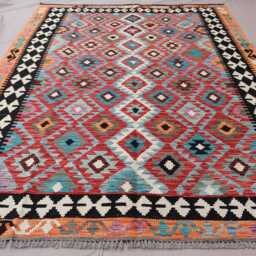 6x8 Afghan Rug, Handmade Natural Vegetable Dyes Wool Red Orange Black Blue, Turkmen Flatweave Kilim Modern Area Bedroom Rug - thumbnail 3