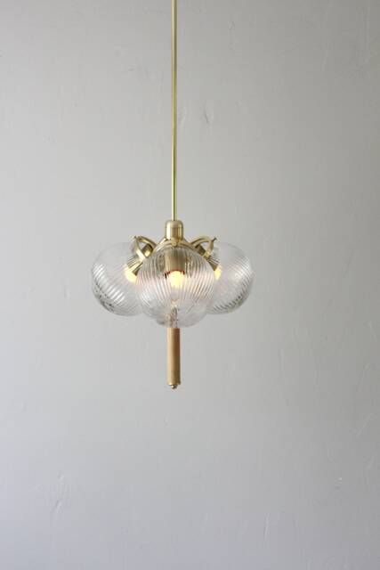 Globe Pendant Chandelier With Wooden Dowel Drop - 3 Clear Ribbed Glass Globes Brass Mid Century Modern Ceiling Mount Lighting Fixture - image 1