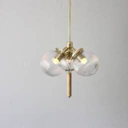 Globe Pendant Chandelier With Wooden Dowel Drop - 3 Clear Ribbed Glass Globes Brass Mid Century Modern Ceiling Mount Lighting Fixture - thumbnail 2