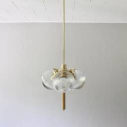 Globe Pendant Chandelier With Wooden Dowel Drop - 3 Clear Ribbed Glass Globes Brass Mid Century Modern Ceiling Mount Lighting Fixture - thumbnail 3