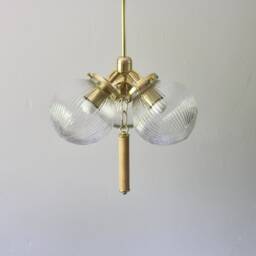 Globe Pendant Chandelier With Wooden Dowel Drop - 3 Clear Ribbed Glass Globes Brass Mid Century Modern Ceiling Mount Lighting Fixture - thumbnail 4