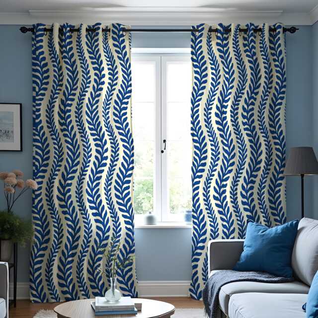 Nautical Blue Leaf Print Curtains, Coastal Wave Pattern Drapes, Navy & Cream Botanical Window Panels - image 1