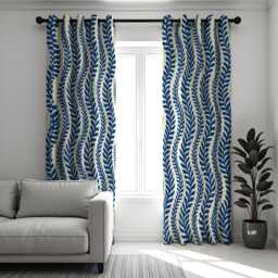 Nautical Blue Leaf Print Curtains, Coastal Wave Pattern Drapes, Navy & Cream Botanical Window Panels - thumbnail 3