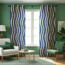 Nautical Blue Leaf Print Curtains, Coastal Wave Pattern Drapes, Navy & Cream Botanical Window Panels - thumbnail 4