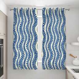 Nautical Blue Leaf Print Curtains, Coastal Wave Pattern Drapes, Navy & Cream Botanical Window Panels - thumbnail 2
