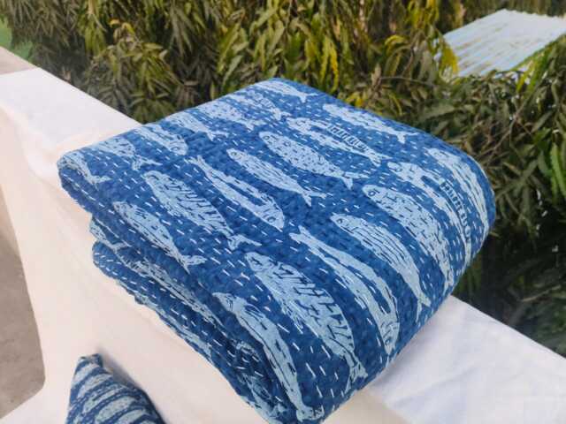 Indian Block Print Cotton Kantha Quilt, Fish Print, Boho Queen Bedspread - image 1