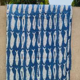 Indian Block Print Cotton Kantha Quilt, Fish Print, Boho Queen Bedspread - thumbnail 3