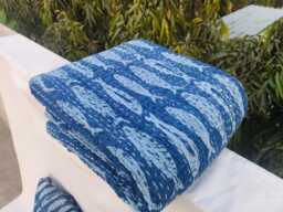 Indian Block Print Cotton Kantha Quilt, Fish Print, Boho Queen Bedspread - thumbnail 1