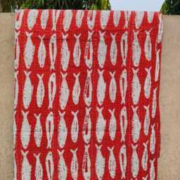 Indian Block Print Cotton Kantha Quilt, Fish Print, Boho Queen Bedspread - thumbnail 4