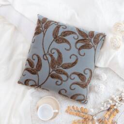 Chocolate Brown Blue Gray Decorative Throw Pillow Cover, Velour Embroidered Linen Blend Cushion Covers, Accent Farmhouse Trendy Pillowcase - thumbnail 2