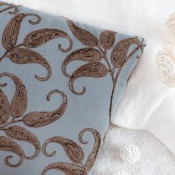 Chocolate Brown Blue Gray Decorative Throw Pillow Cover, Velour Embroidered Linen Blend Cushion Covers, Accent Farmhouse Trendy Pillowcase - thumbnail 3