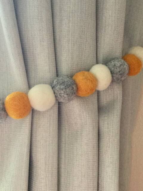 Felt Ball Pom Curtain Tie Backs Mustard, Grey & White - image 1