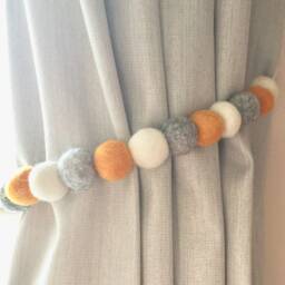 Felt Ball Pom Curtain Tie Backs Mustard, Grey & White - thumbnail 2