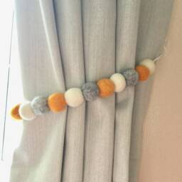 Felt Ball Pom Curtain Tie Backs Mustard, Grey & White - thumbnail 3