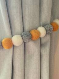 Felt Ball Pom Curtain Tie Backs Mustard, Grey & White