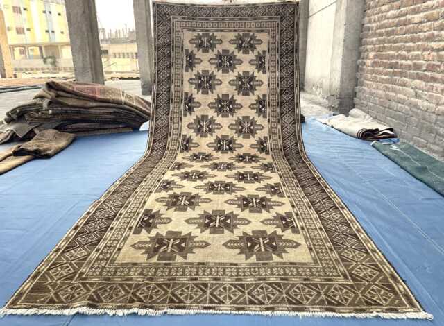 Long Antique Runner Rug 4.7x11 Ft, Handmade Afghan Baluchi Hallway Rug, Neutral Beige Brown Tribal Geometric Wool Entryway Welcome Mat - image 1
