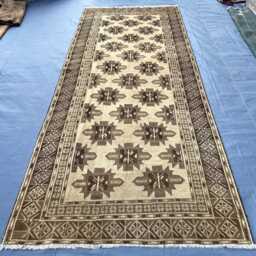Long Antique Runner Rug 4.7x11 Ft, Handmade Afghan Baluchi Hallway Rug, Neutral Beige Brown Tribal Geometric Wool Entryway Welcome Mat - thumbnail 2
