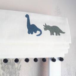 Blue & Green Dinosaur Blackout Roman Blind With Pom Trim