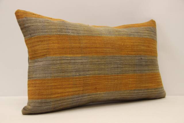 Vintage Turkish Kilim Pillow Wool Lumbar Cushion Cover - 12x20 In - image 1