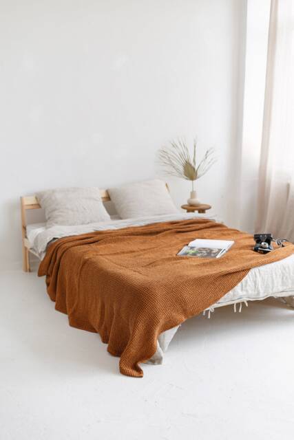 Waffle Linen Bedspread, Linen King Queen Bed Throw, Puffy Linen Blanket, Linen Bedspread in Waffle Pattern, Large Coverlet, Waffle Blanket - image 1