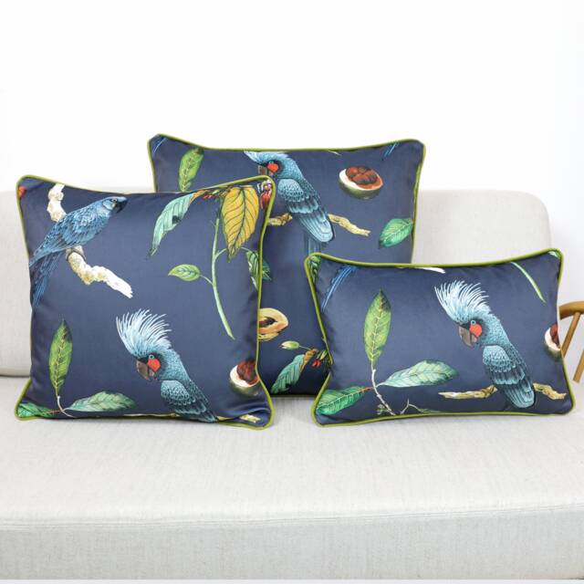 Navy Blue Velvet Tropical Cockatoo Cushion Covers Botanical Jungle Birds With Contrast Olive Green Piping By Ashley Wilde - image 1