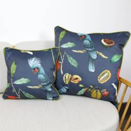 Navy Blue Velvet Tropical Cockatoo Cushion Covers Botanical Jungle Birds With Contrast Olive Green Piping By Ashley Wilde - thumbnail 2