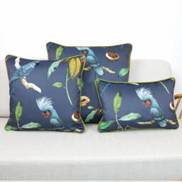 Navy Blue Velvet Tropical Cockatoo Cushion Covers Botanical Jungle Birds With Contrast Olive Green Piping By Ashley Wilde