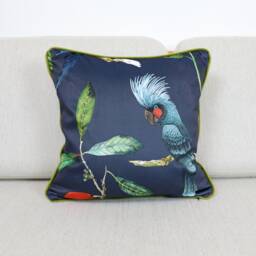Navy Blue Velvet Tropical Cockatoo Cushion Covers Botanical Jungle Birds With Contrast Olive Green Piping By Ashley Wilde - thumbnail 3