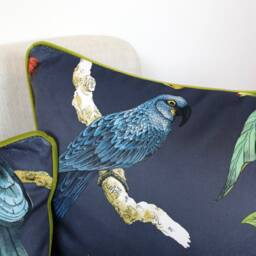 Navy Blue Velvet Tropical Cockatoo Cushion Covers Botanical Jungle Birds With Contrast Olive Green Piping By Ashley Wilde - thumbnail 4