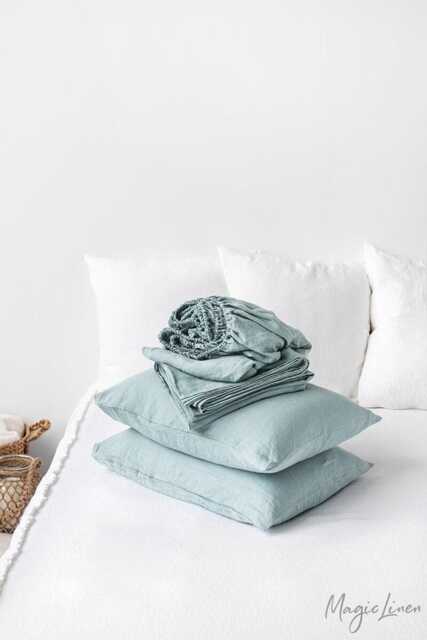 Dusty Blue Linen Sheet Set - Coastal Stonewashed Bedding Breathable Flat Sheet, Fitted Pillowcases Oeko-Tex Certified Pure - image 1