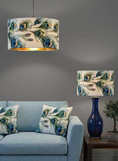 Handmade By Order Luxury Teal Peacock Feathers On White Velevt Drum Lamp Shade Pendant Light All Shapes & Sizes Available - image 1