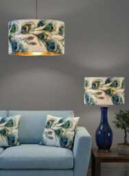 Handmade By Order Luxury Teal Peacock Feathers On White Velevt Drum Lamp Shade Pendant Light All Shapes & Sizes Available
