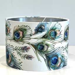 Handmade By Order Luxury Teal Peacock Feathers On White Velevt Drum Lamp Shade Pendant Light All Shapes & Sizes Available - thumbnail 4
